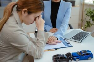 distressed woman reviewing insurance contract beside toy car collision models