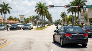 Chevrolet sedan stopped at red light on Broward Boulevard intersection with palm trees