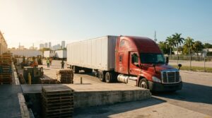 semi-truck backed into loading dock with workers and pallets at commercial warehouse