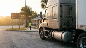 semi-truck parked at rest stop with worker in safety vest walking nearby