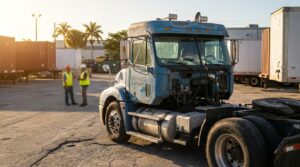DOT-labeled semi-truck cab parked in commercial lot with two workers nearby