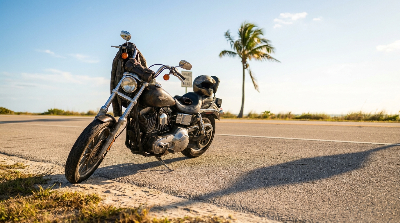 cruiser motorcycle parked roadside with helmet on seat near Share the Road sign