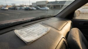 worn Insurance Identification Card resting on vehicle dashboard near windshield