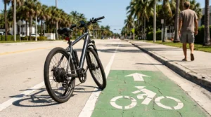 bicycle parked beside painted bike lane symbol on urban palm-lined street