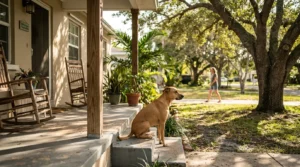 dog sitting on front porch steps watching pedestrian walk past residential home