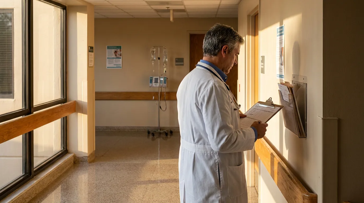 doctor in lab coat reviewing clipboard with stethoscope in hospital hallway