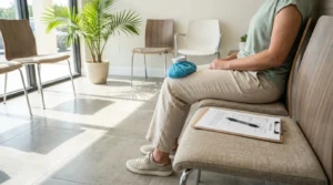 injured person seated in waiting room with ice pack on knee and clipboard nearby