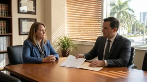 attorney presenting legal document to client across office conference table