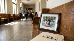 Civil Complaint folder and framed family photo on courthouse bench