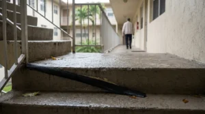 detached rubber stair nosing on wet apartment building steps with person walking away