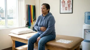 woman seated on physical therapy table with resistance bands and anatomy chart visible