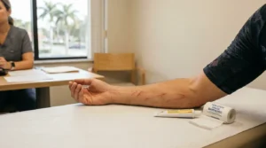 injured arm with lacerations on exam table beside antibiotic ointment and gauze bandaging