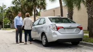 two people standing beside sedan with visible rear-end collision damage on street