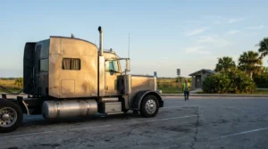 semi-truck cab parked in rest stop lot with worker in safety vest nearby