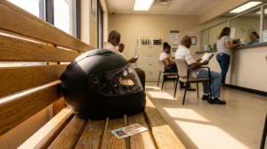 motorcycle helmet and Florida ID card on bench in government waiting room
