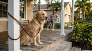 leashed golden retriever sitting on wooden porch with woman seated behind