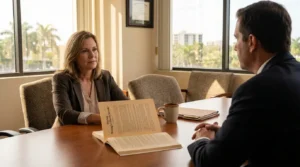 attorney and client meeting with Florida Wrongful Death Statute document on table