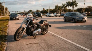 Harley-Davidson motorcycle stopped on busy multi-lane road surrounded by traffic