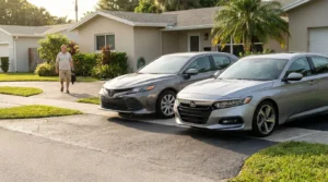 two sedans collided in residential driveway as man approaches scene