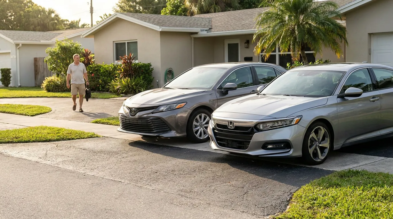 two sedans collided in residential driveway as man approaches scene