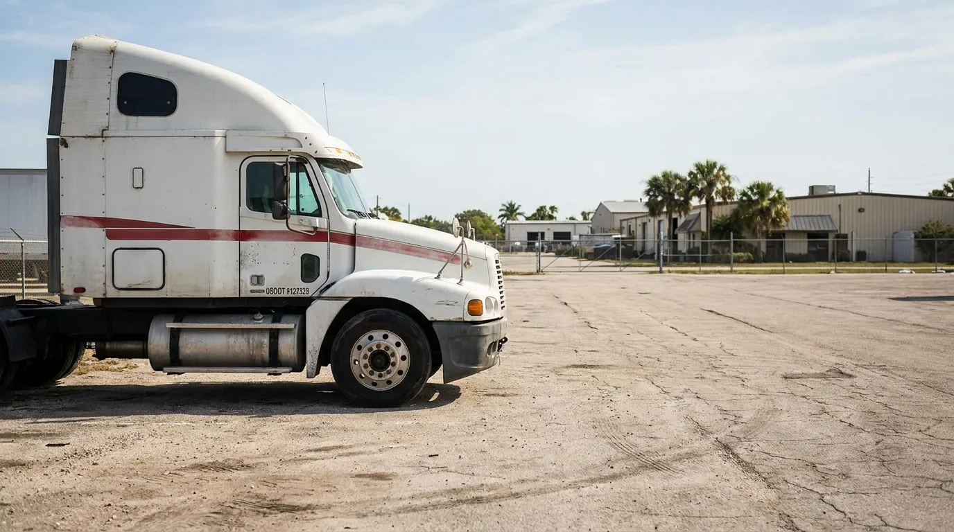 semi-truck cab with USDOT number parked in commercial lot near industrial buildings