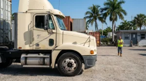 USDOT-labeled semi-truck cab parked at freight yard with safety inspector holding clipboard