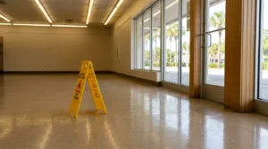 Caution wet floor sign placed on shiny tile floor inside commercial building