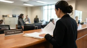 attorney reviewing documents at Probate Division courthouse counter