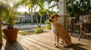 dog sitting on residential wooden porch with potted palm plant and wicker furniture