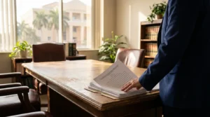 attorney in suit reviewing legal documents on wooden desk in law office