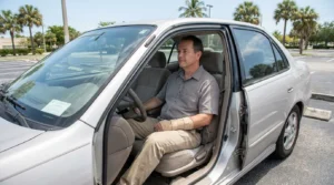 man wearing wrist brace seated in parked sedan with open door