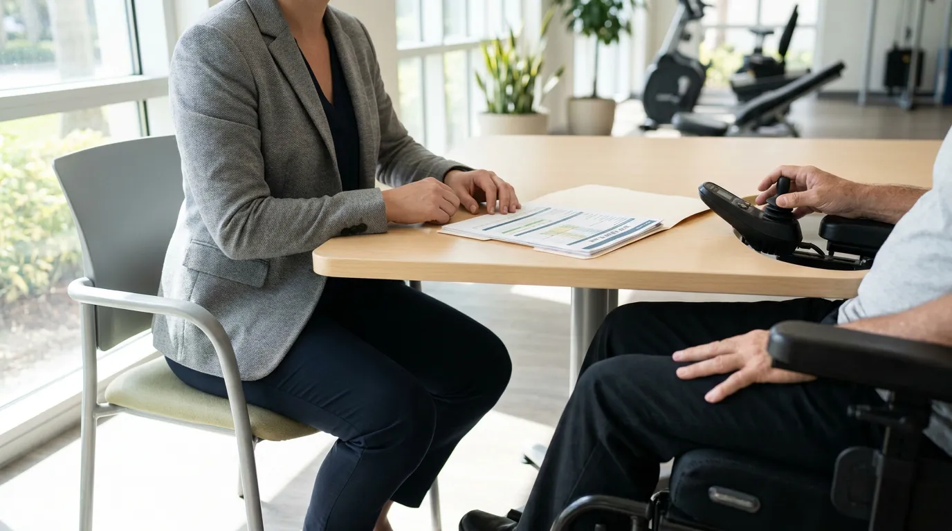 professional meeting with wheelchair user reviewing printed documents at table
