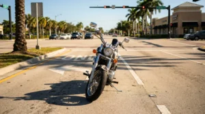 motorcycle parked at urban intersection with traffic signals and palm trees