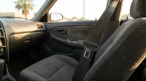 unfastened seat belt buckle resting on passenger seat inside vehicle interior