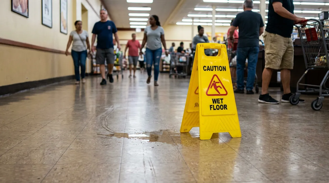 Caution Wet Floor sign beside liquid spill in busy grocery store aisle