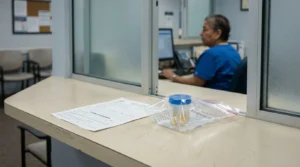 urine specimen in labeled evidence bag beside chain of custody form at clinic counter