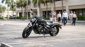 cruiser motorcycle parked in lot with pedestrians and office building behind