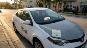 Uber-branded Toyota sedan parked on urban street with document on hood